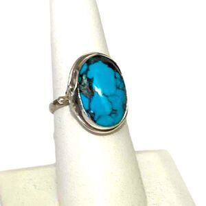 Oval Turquoise Sterling Silver Floral Lily Ring Custom Design NEW